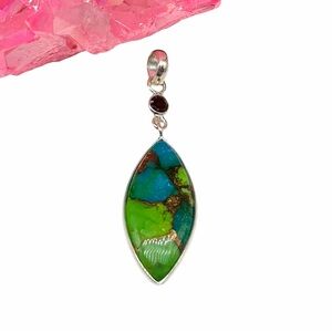 Kingman Green Turquoise & Garnet Necklace Pendant Solid 925 Sterling Silver